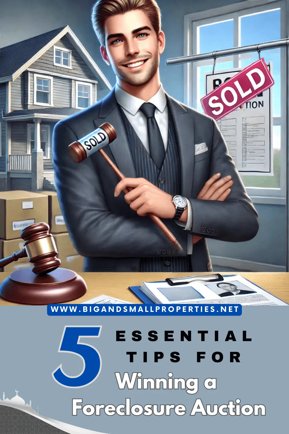 Smiling businessman holding auction gavel successfully