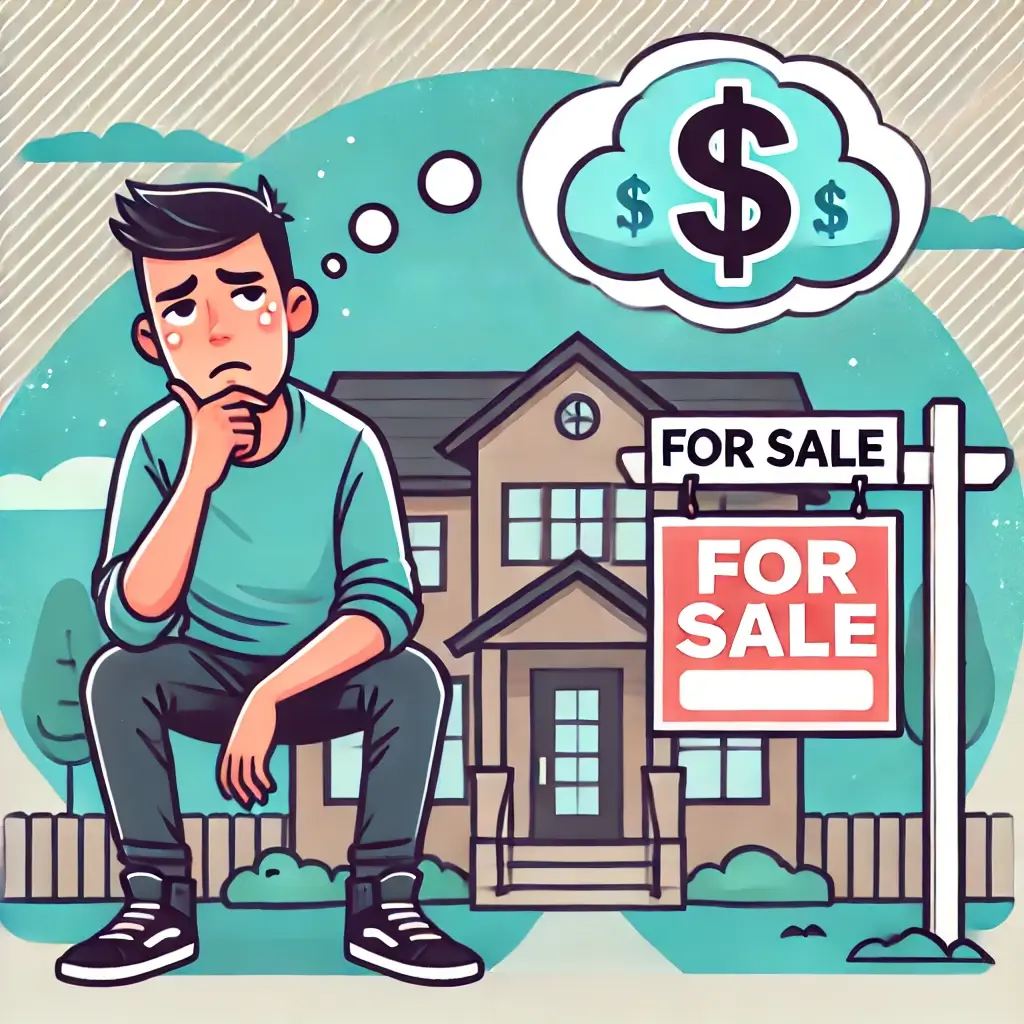 Frustrated homeowner sitting in front of a house with a 'For Sale' sign, symbolizing dissatisfaction and selling a recently purchased property