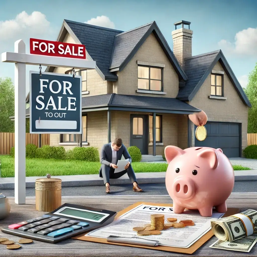 A house with a 'For Sale' sign, a person holding financial documents and contemplating selling their house to get out of debt, alongside a piggy bank with coins spilling out, symbolizing debt management and financial decision-making.