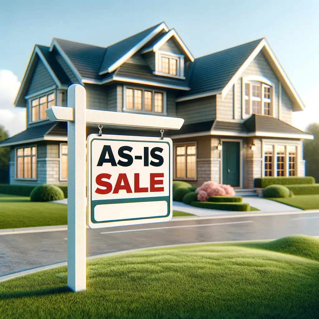 A suburban house with a green lawn and a modern 'For Sale - As-Is Sale' sign in front.