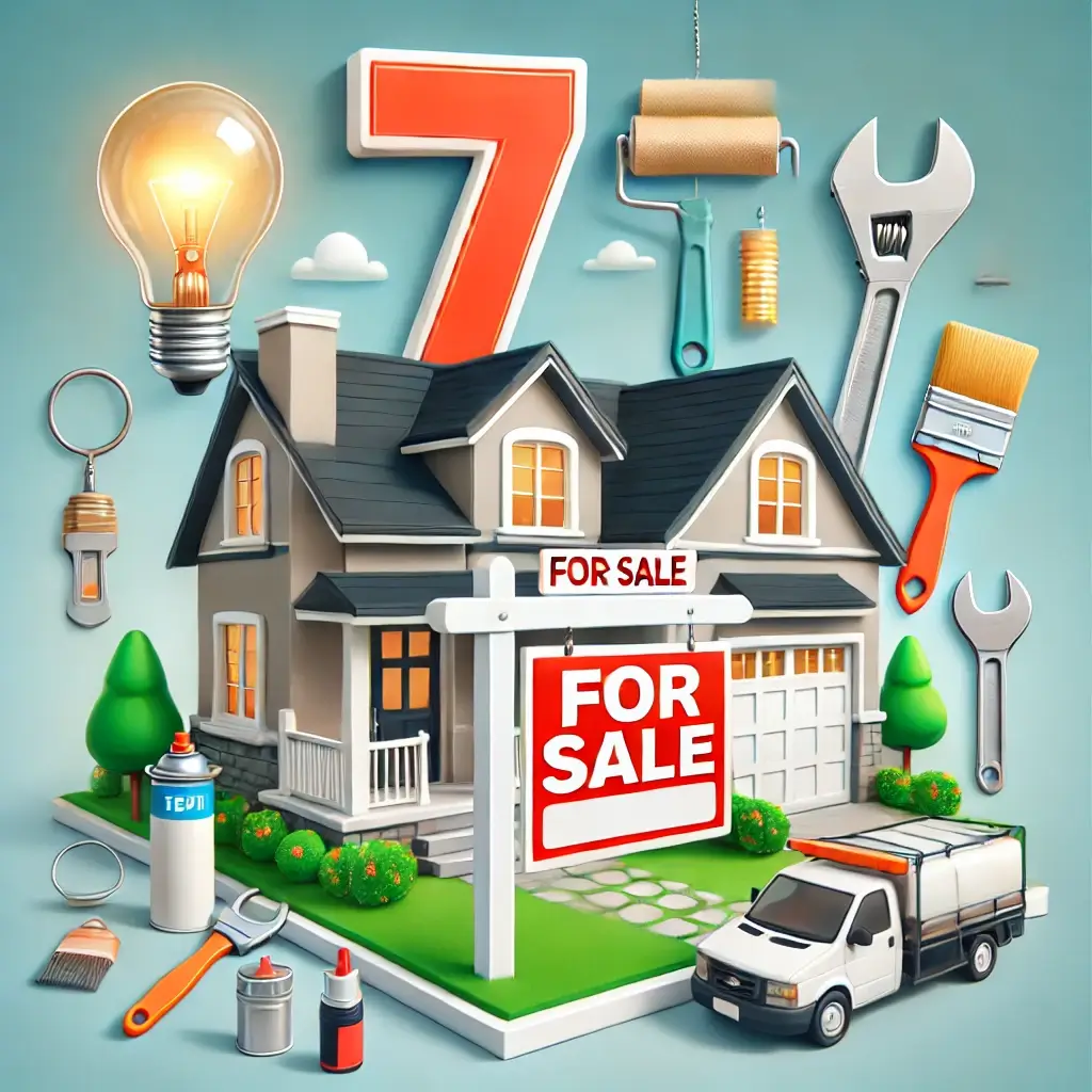 A suburban house with a 'For Sale' sign in front, surrounded by tools like a paintbrush, wrench, and lightbulb. The image symbolizes essential home fixes before selling