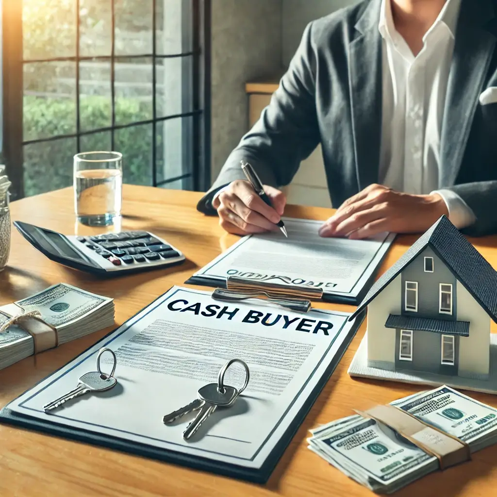 cash buyer at a modern office table with house keys, a model home, and documents, symbolizing a real estate closing cost cash buyer
