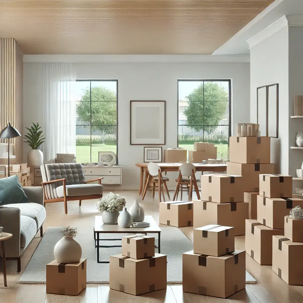 house interior during the clearing process, with neatly packed boxes, furniture being handled carefully, and a respectful atmosphere.