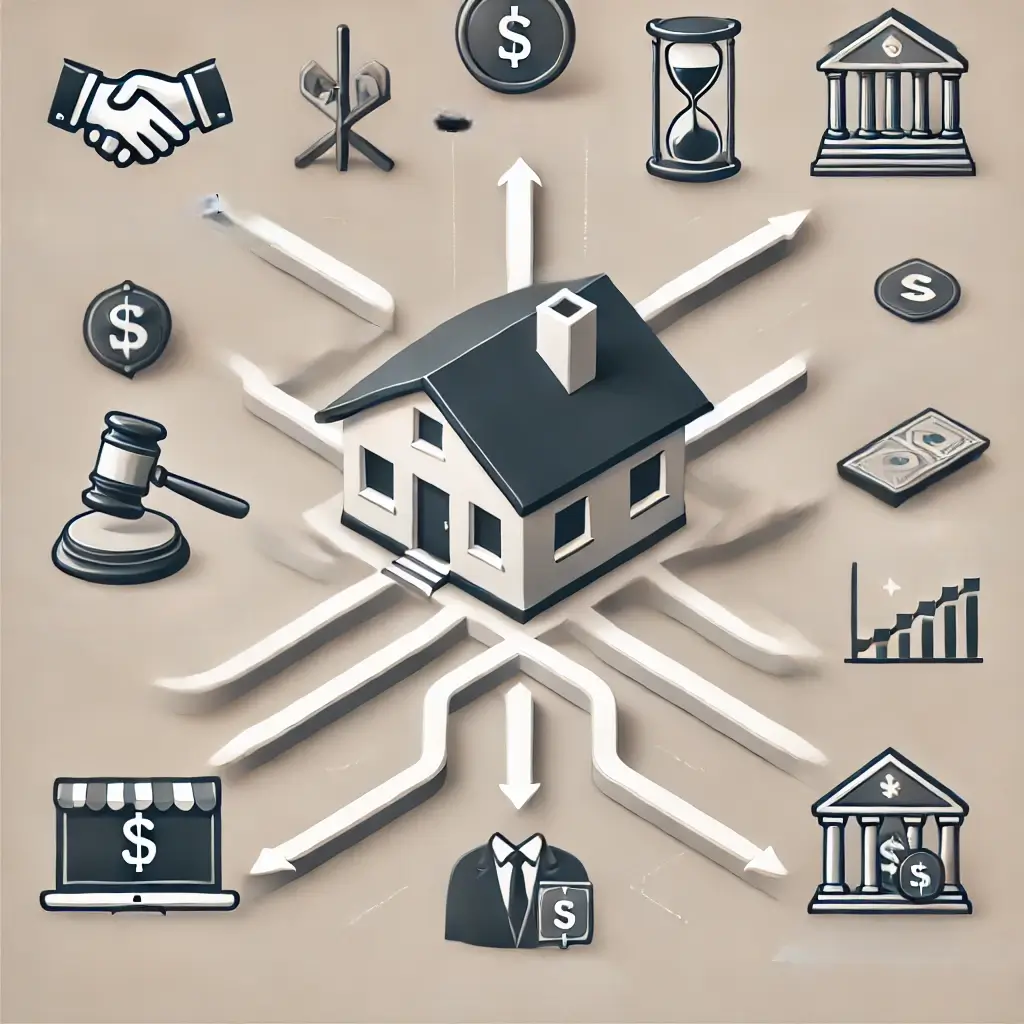 house surrounded by sleek pathways representing various ways to sell a house, with minimalistic icons