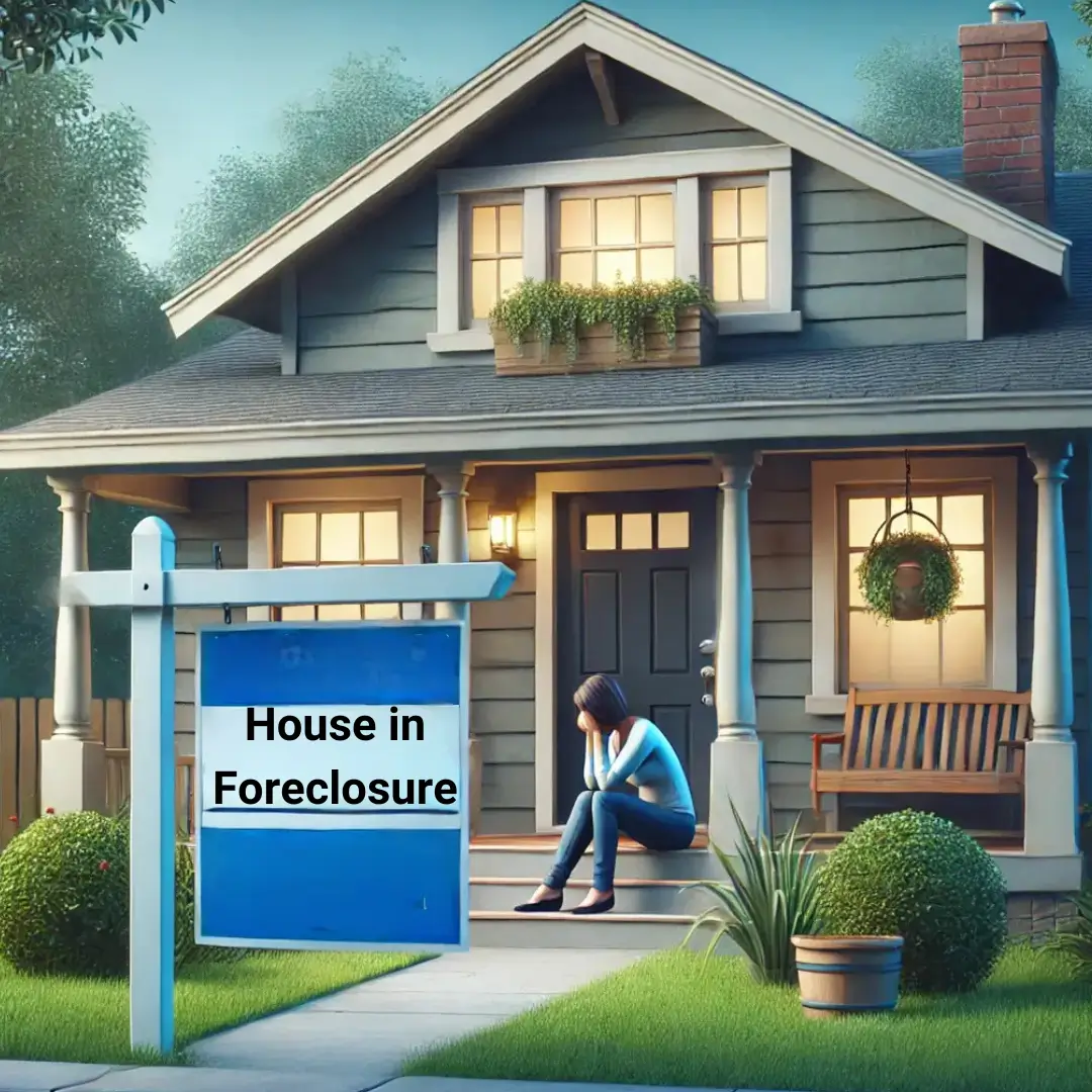 House with a foreclosure notice on the front door, a worried homeowner sitting on the porch, thinking My house is in foreclosure what can I do