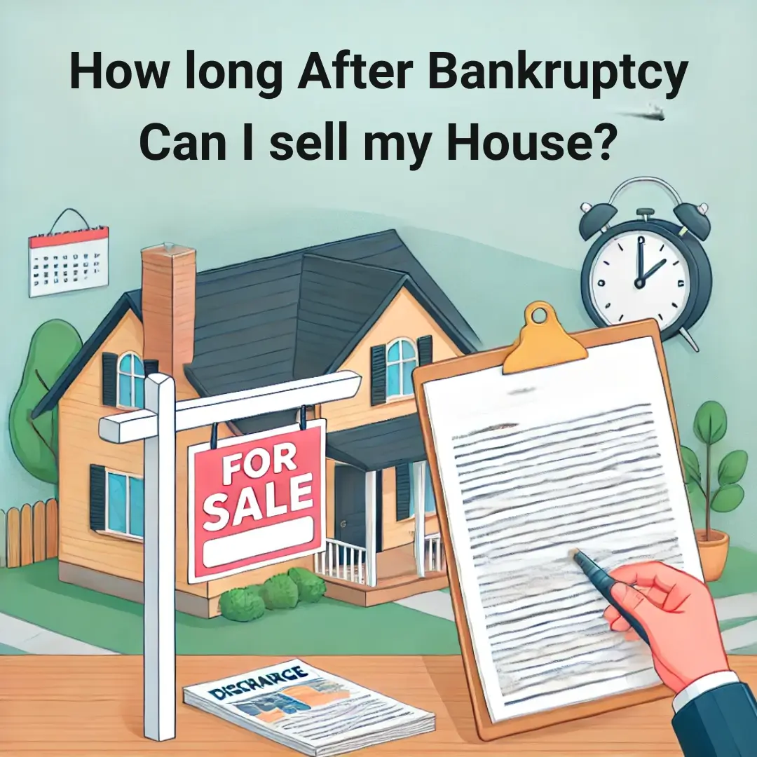 Suburban house with a 'For Sale' sign, a calendar symbolizing time, and a document labeled 'Bankruptcy Discharge,' representing selling a house after bankruptcy