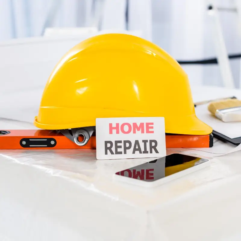 Yellow construction helmet with a "HOME REPAIR" sign, tools, and a smartphone on a table, representing solutions for when you can't afford home repairs.