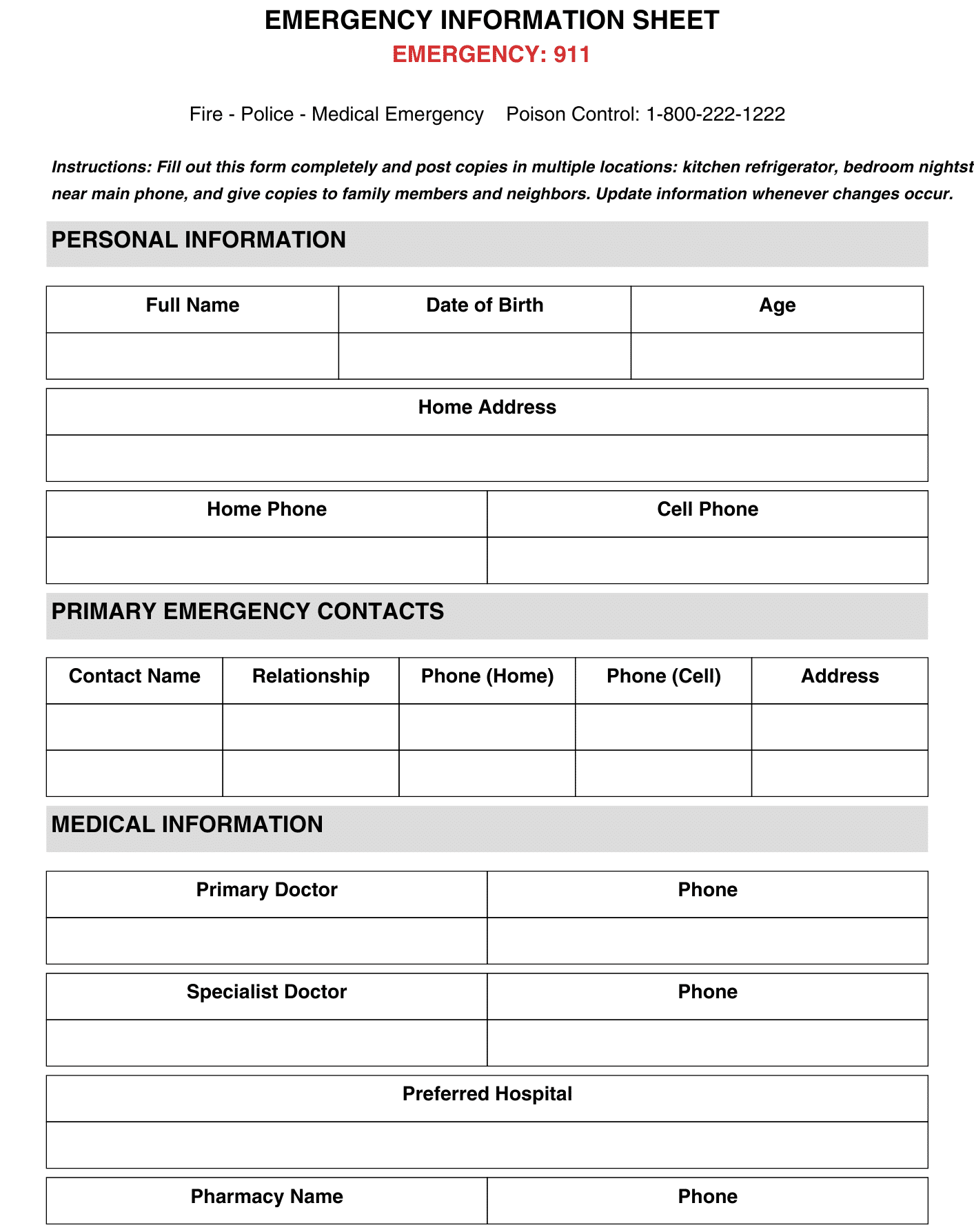 Emergency safety form